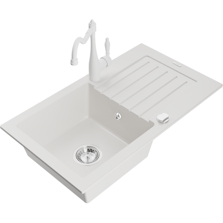 Mexen Pablo granitový dřez s 1 komorou a odkapávačem a kuchyňskou baterií Carla, bílý - 6510-20-670700-20