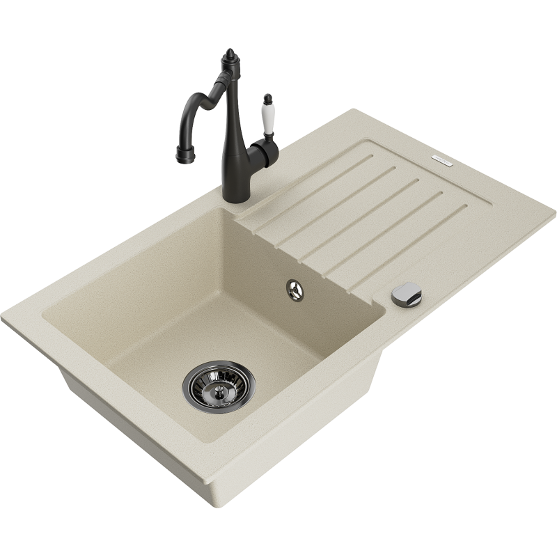 Mexen Pablo granitový dřez 1-komorový s odkapávačem a kuchyňskou baterií Carla, béžový - 6510-69-670700-70