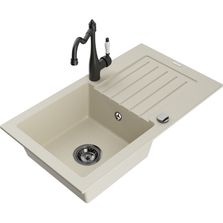 Mexen Pablo granitový dřez 1-komorový s odkapávačem a kuchyňskou baterií Carla, béžový - 6510-69-670700-70