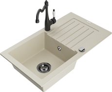 Mexen Pablo granitový dřez 1-komorový s odkapávačem a kuchyňskou baterií Carla, béžový - 6510-69-670700-70