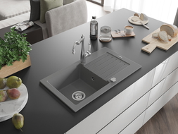 Mexen Pablo granitový dřez s odkapávačem a kuchyňskou baterií Carla, šedý - 6510-71-670700-00