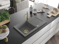 Mexen Pablo žulový dřez 1-komorový s odkapávací plochou a kuchyňskou baterií Carla, šedý - 6510-71-670700-50