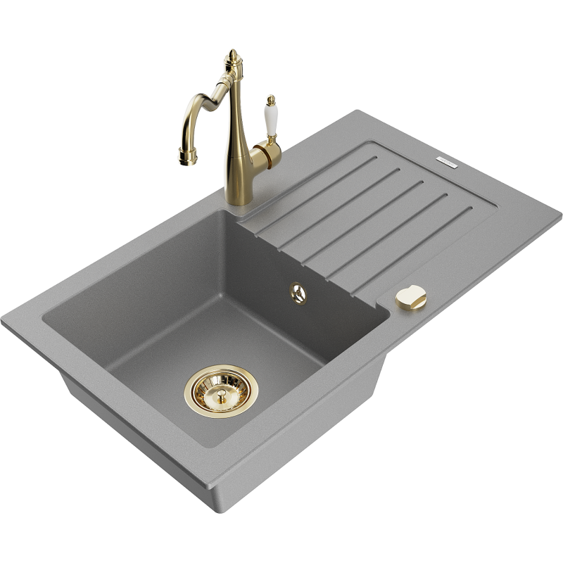 Mexen Pablo žulový dřez 1-komorový s odkapávací plochou a kuchyňskou baterií Carla, šedý - 6510-71-670700-50