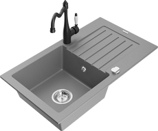 Mexen Pablo granitový dřez 1-komorový s odkapávačem a kuchyňskou baterií Carla, šedý - 6510-71-670700-70