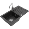 Mexen Pablo granitový dřez s 1 komorou a odkapávačem a kuchyňskou baterií Carla, černý/stříbrný metalik - 6510-73-670700-00