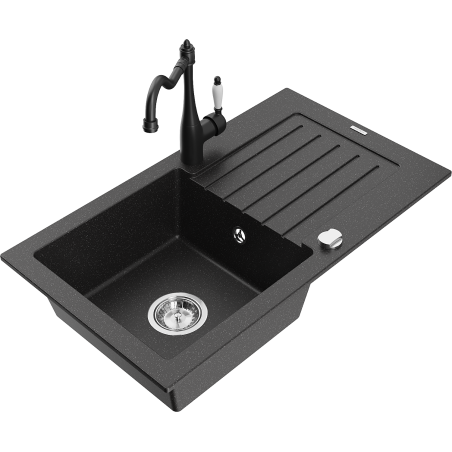 Mexen Pablo žulový dřez 1-komorový s odkapávačem a kuchyňskou baterií Carla, černý/stříbrný metalík - 6510-73-670700-70