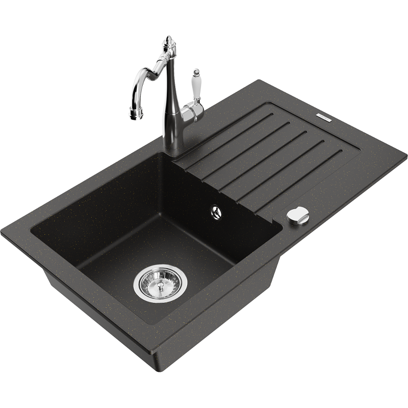 Mexen Pablo granitový dřez 1-komorový s odkapávačem a kuchyňskou baterií Carla, černý/zlatý metalik - 6510-75-670700-00