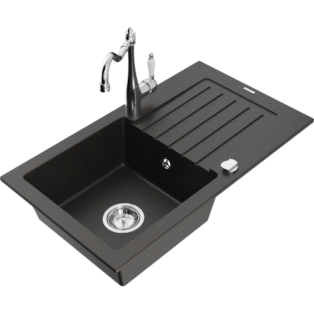 Mexen Pablo granitový dřez 1-komorový s odkapávačem a kuchyňskou baterií Carla, černý/zlatý metalik - 6510-75-670700-00