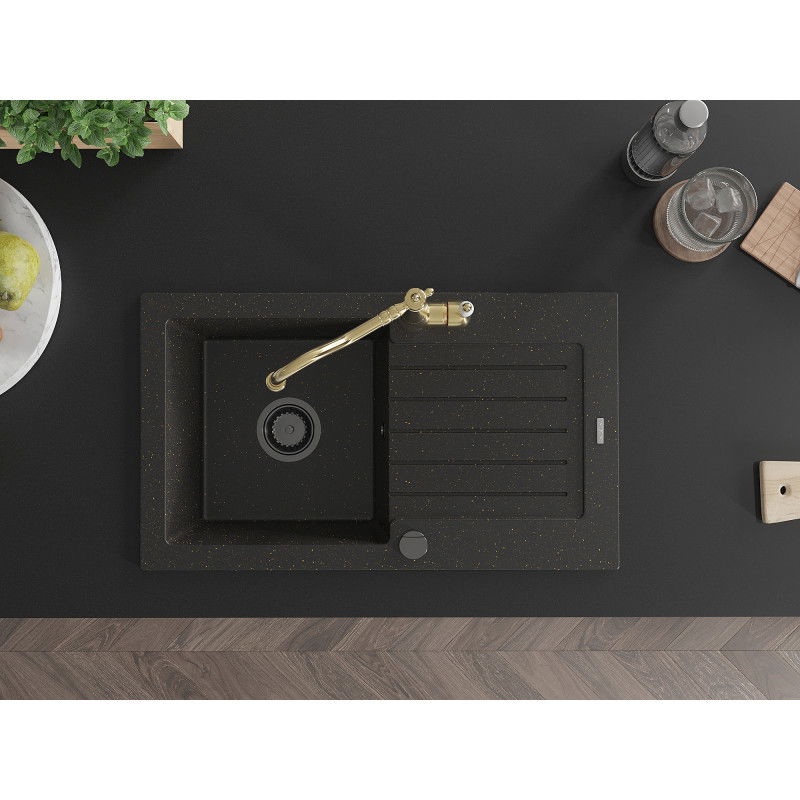 Mexen Pablo žulový dřez s 1 komorou a odkapávačem a kuchyňská baterie Carla, černá/zlatý metalík - 6510-75-670700-50-B
