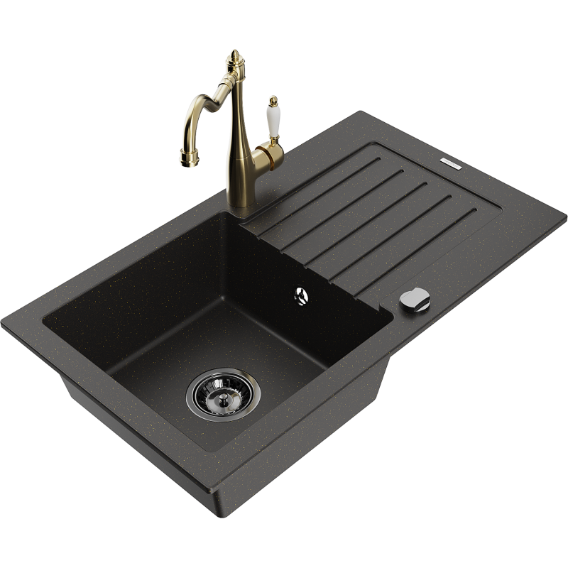 Mexen Pablo žulový dřez s 1 komorou a odkapávačem a kuchyňská baterie Carla, černá/zlatý metalík - 6510-75-670700-50-B