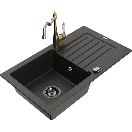 Mexen Pablo žulový dřez s 1 komorou a odkapávačem a kuchyňská baterie Carla, černá/zlatý metalík - 6510-75-670700-50-B
