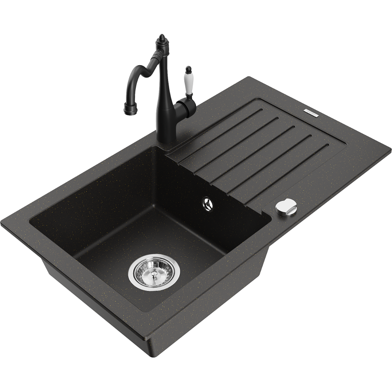 Mexen Pablo žulový dřez s 1 komorou a odkapávačem a kuchyňská baterie Carla, černý/zlatý metalík - 6510-75-670700-70
