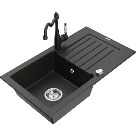 Mexen Pablo žulový dřez s 1 komorou a odkapávačem a kuchyňská baterie Carla, černý/zlatý metalík - 6510-75-670700-70