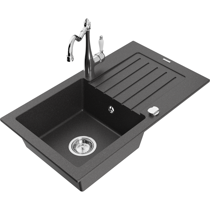 Mexen Pablo granitový dřez 1-komorový s odkapávačem a kuchyňskou baterií Carla, černý se skvrnami - 6510-76-670700-00