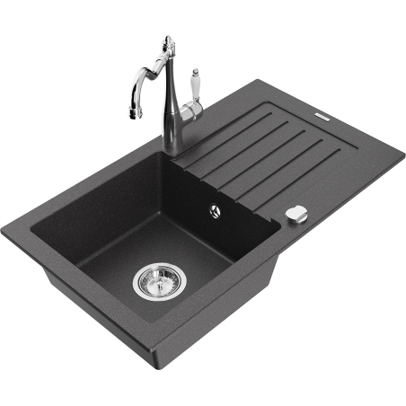 Mexen Pablo granitový dřez 1-komorový s odkapávačem a kuchyňskou baterií Carla, černý se skvrnami - 6510-76-670700-00