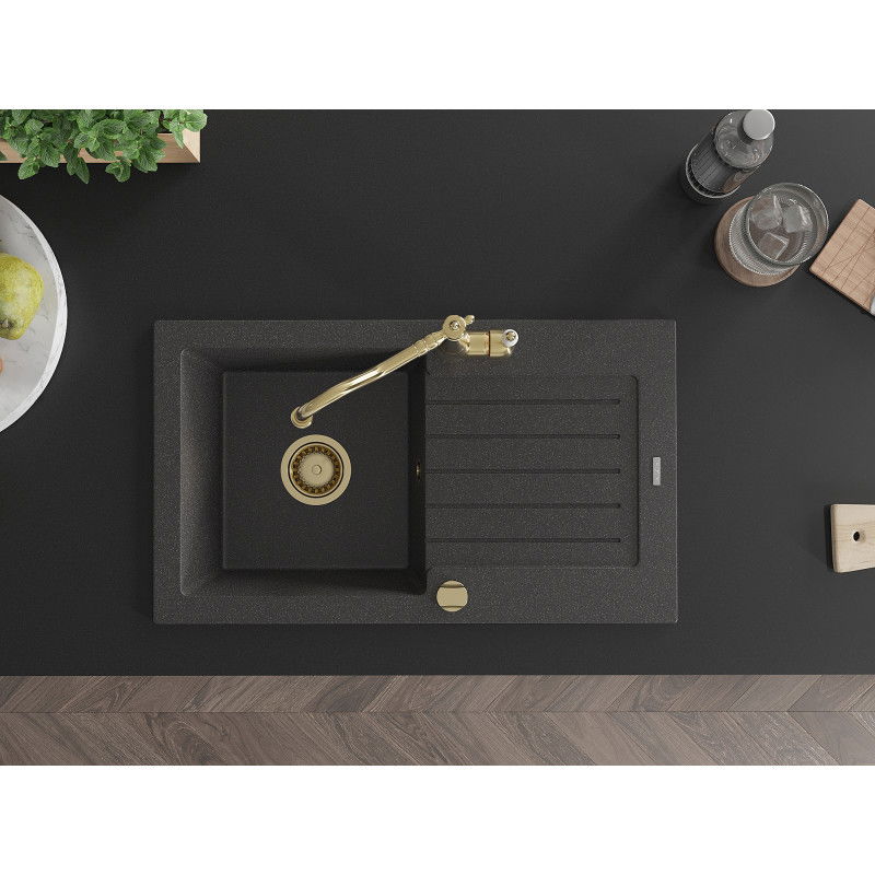 Mexen Pablo granitový dřez s 1 komorou a odkapávačem a kuchyňskou baterií Carla, černý tečkovaný - 6510-76-670700-50