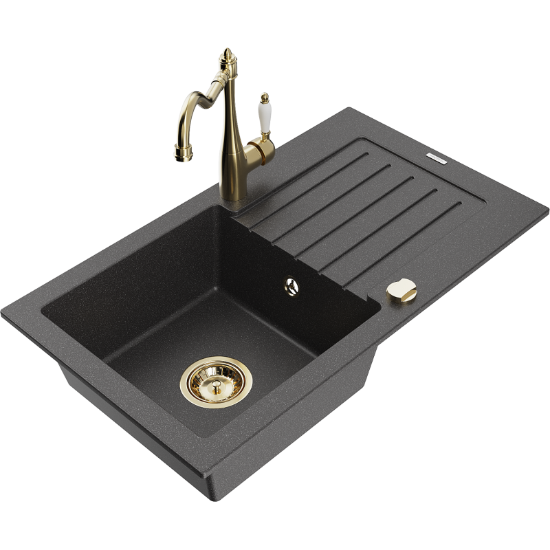 Mexen Pablo granitový dřez s 1 komorou a odkapávačem a kuchyňskou baterií Carla, černý tečkovaný - 6510-76-670700-50