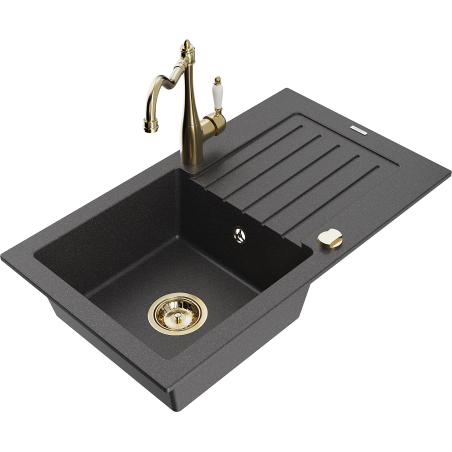 Mexen Pablo granitový dřez s 1 komorou a odkapávačem a kuchyňskou baterií Carla, černý tečkovaný - 6510-76-670700-50