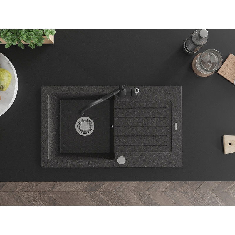 Mexen Pablo granitový jednodřez s odkapávačem a kuchyňskou baterií Carla, černý tečkovaný - 6510-76-670700-70