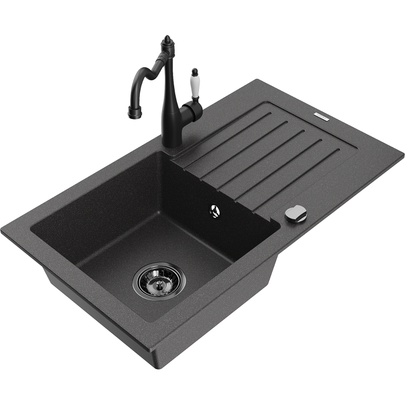 Mexen Pablo granitový dřez s 1 komorou, odkapávačem a kuchyňskou baterií Carla, černý skvrnitý - 6510-76-670700-70-B