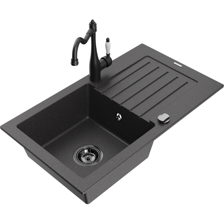 Mexen Pablo granitový dřez s 1 komorou, odkapávačem a kuchyňskou baterií Carla, černý skvrnitý - 6510-76-670700-70-B