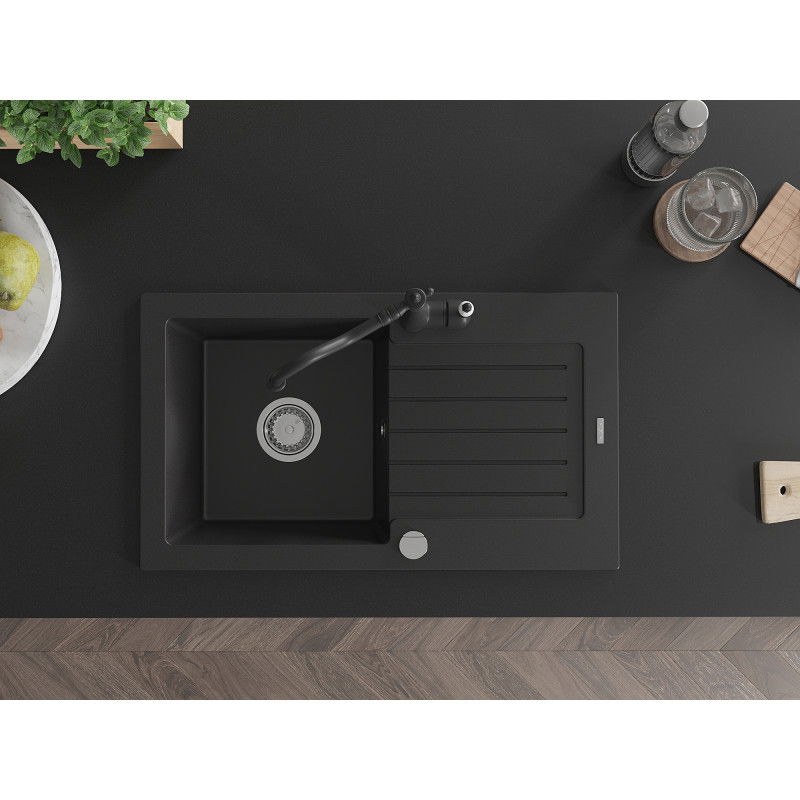 Mexen Pablo granitový dřez 1-komorový s odkapávačem a kuchyňskou baterií Carla, černý - 6510-77-670700-70