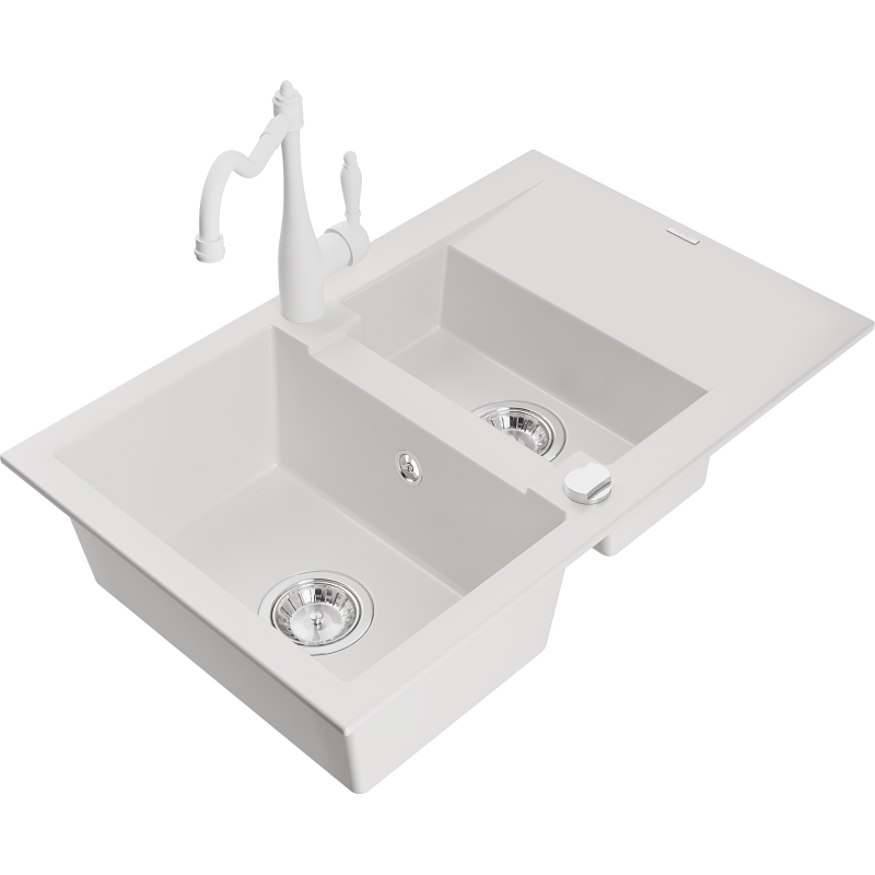 Mexen Gaspar dřez granitový 1,5-komorový s odkapávačem a kuchyňskou baterií Carla, bílý - 6507-20-670700-20