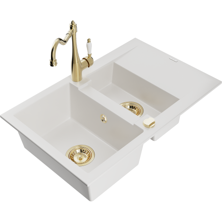 Mexen Gaspar granitový dřez 1,5komorový s odkapávačem a kuchyňskou baterií Carla, bílý - 6507-20-670700-50