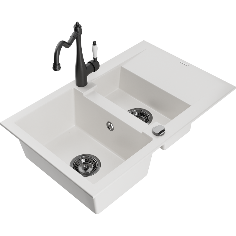 Mexen Gaspar granitový dřez 1,5-dřezový s odkapávačem a kuchyňskou baterií Carla, bílý - 6507-20-670700-70