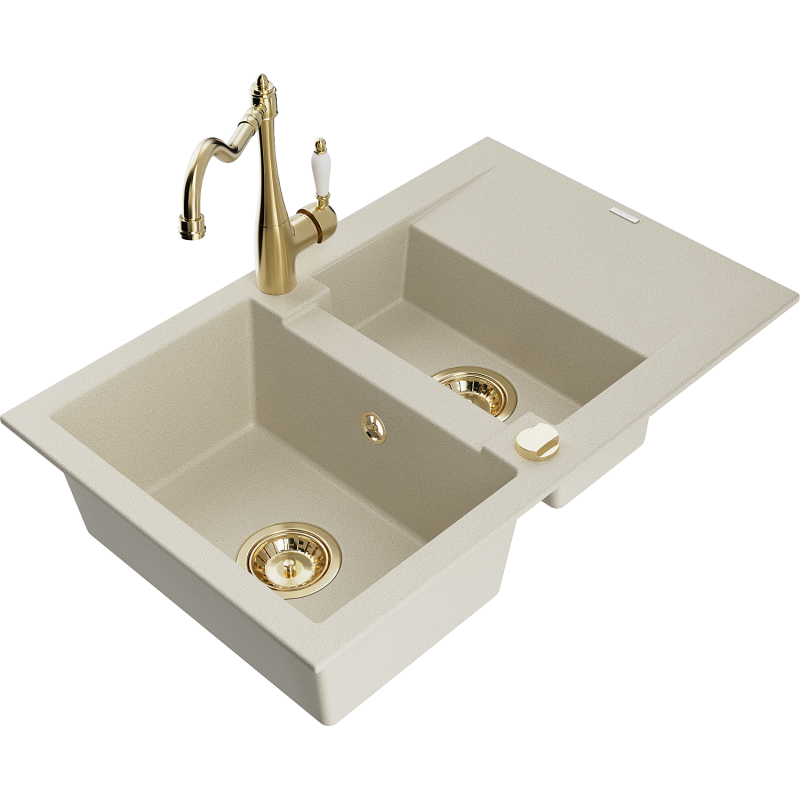 Mexen Gaspar granitový dřez 1,5 komory s odkapávačem a kuchyňskou baterií Carla, béžový - 6507-69-670700-50