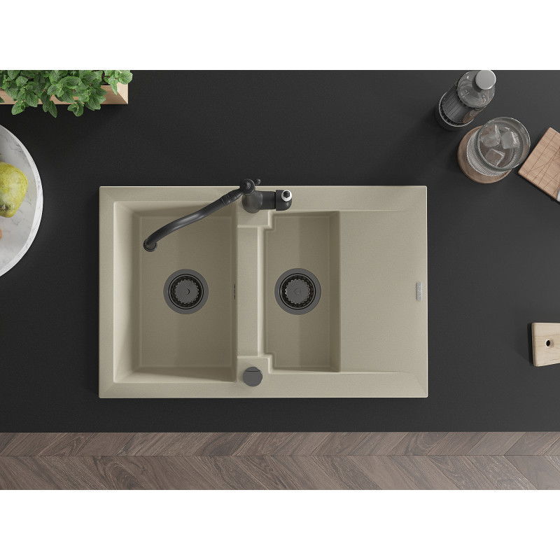 Mexen Gaspar žulový dřez 1,5-komorový s odkapávačem a kuchyňskou baterií Carla, béžový - 6507-69-670700-70