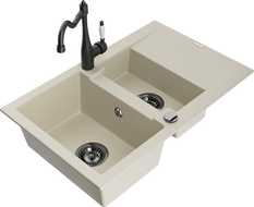 Mexen Gaspar žulový dřez 1,5-komorový s odkapávačem a kuchyňskou baterií Carla, béžový - 6507-69-670700-70