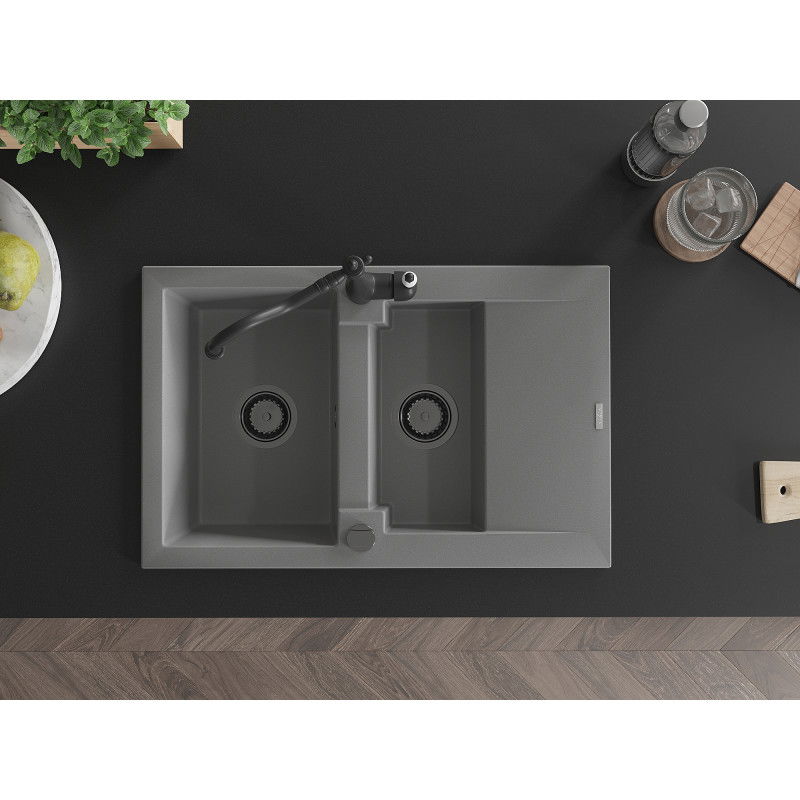 Mexen Gaspar žulový dřez 1,5-komorový s odkapávačem a kuchyňskou baterií Carla, šedý - 6507-71-670700-70-B