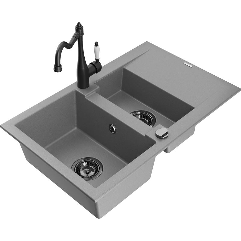 Mexen Gaspar žulový dřez 1,5-komorový s odkapávačem a kuchyňskou baterií Carla, šedý - 6507-71-670700-70-B