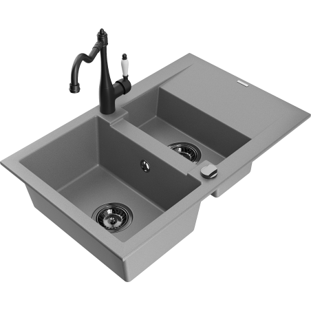Mexen Gaspar žulový dřez 1,5-komorový s odkapávačem a kuchyňskou baterií Carla, šedý - 6507-71-670700-70-B