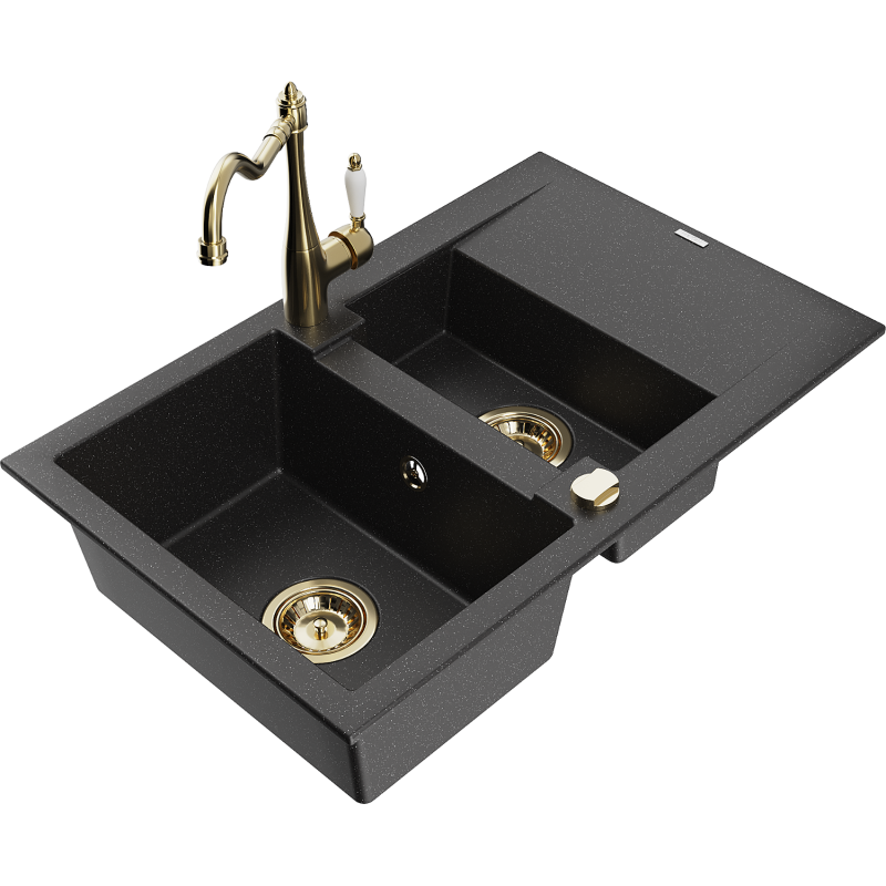 Mexen Gaspar dřez granitový 1,5-komorový s odkapávačem a kuchyňskou baterií Carla černý/stříbrný metalický - 6507-73-670700-50