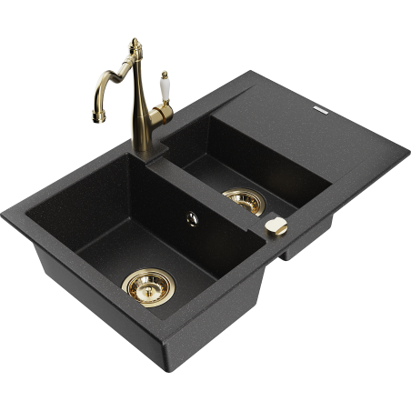 Mexen Gaspar dřez granitový 1,5-komorový s odkapávačem a kuchyňskou baterií Carla černý/stříbrný metalický - 6507-73-670700-50
