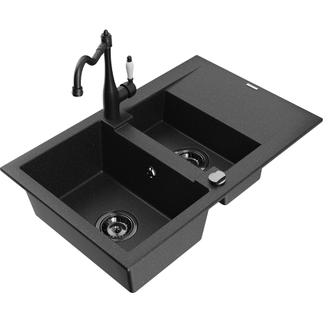 Mexen Gaspar dřez granitový 1,5-komorový s odkapávačem a kuchyňskou baterií Carla, černý/stříbrný - 6507-73-670700-70-B