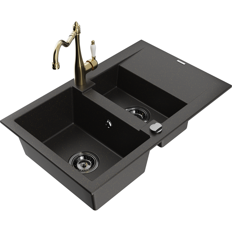 Mexen Gaspar granitový dřez 1,5-komorový s odkapávačem a kuchyňskou baterií Carla černá/zlatý metalik - 6507-75-670700-50-B