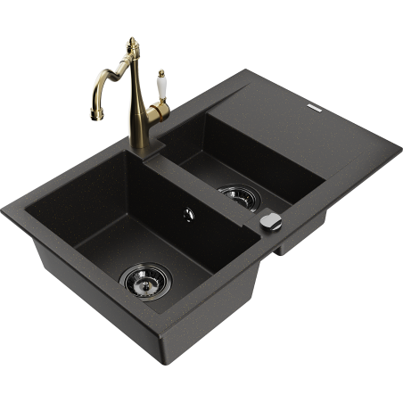 Mexen Gaspar granitový dřez 1,5-komorový s odkapávačem a kuchyňskou baterií Carla černá/zlatý metalik - 6507-75-670700-50-B