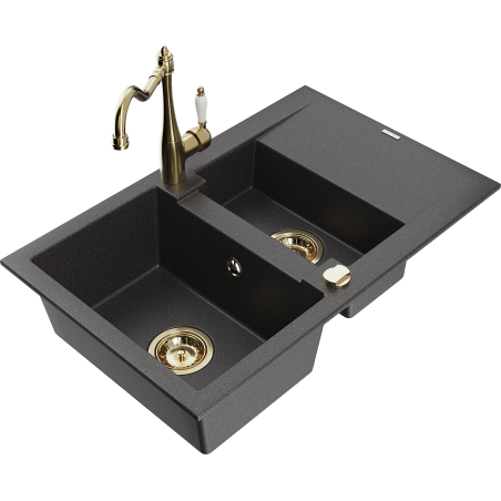 Mexen Gaspar žulový dřez 1,5-komorový s odkapávačem a kuchyňskou baterií Carla, černý posetý - 6507-76-670700-50