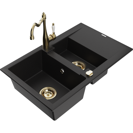 Mexen Gaspar granitový dřez 1,5-komorový s odkapávačem a kuchyňskou baterií Carla, černý - 6507-77-670700-50