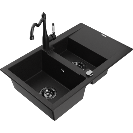 Mexen Gaspar granitový dřez 1,5-komorový s odkapávačem a kuchyňskou baterií Carla, černý - 6507-77-670700-70-B