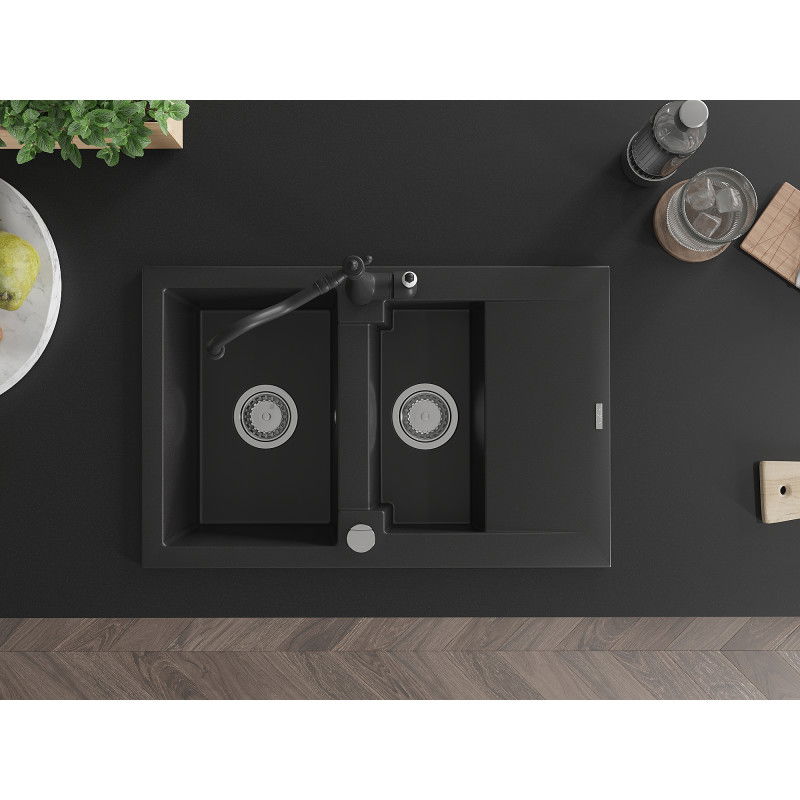 Mexen Gaspar granitový dřez 1,5-komorový s odkapávačem a kuchyňskou baterií Carla, černý - 6507-77-670700-70