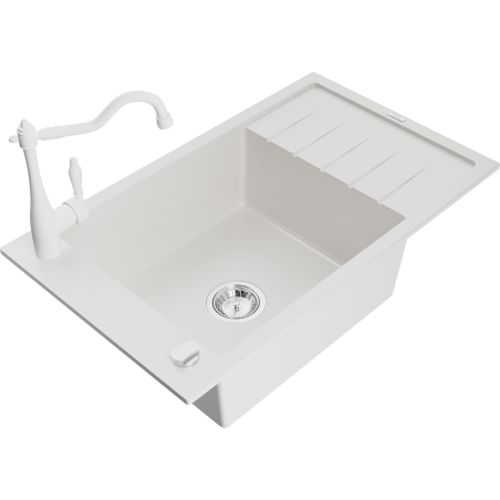 Mexen Elias granitový jednodřez s odkapávačem a kuchyňskou baterií Carla, bílý - 6511-20-670700-20
