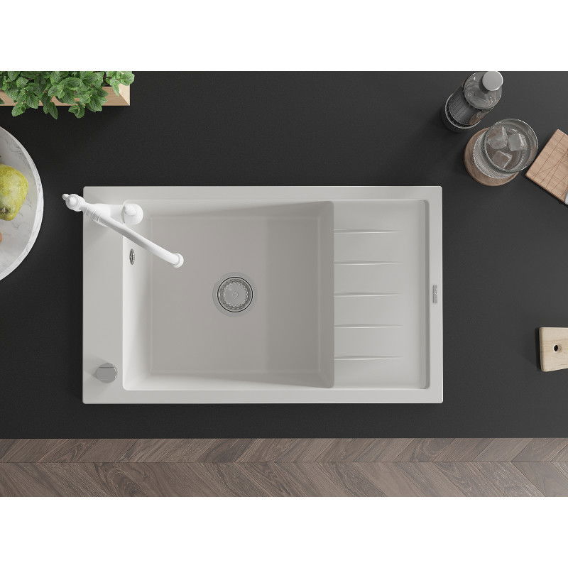 Mexen Elias granitový jednodřez s odkapávačem a kuchyňskou baterií Carla, bílý - 6511-20-670700-20