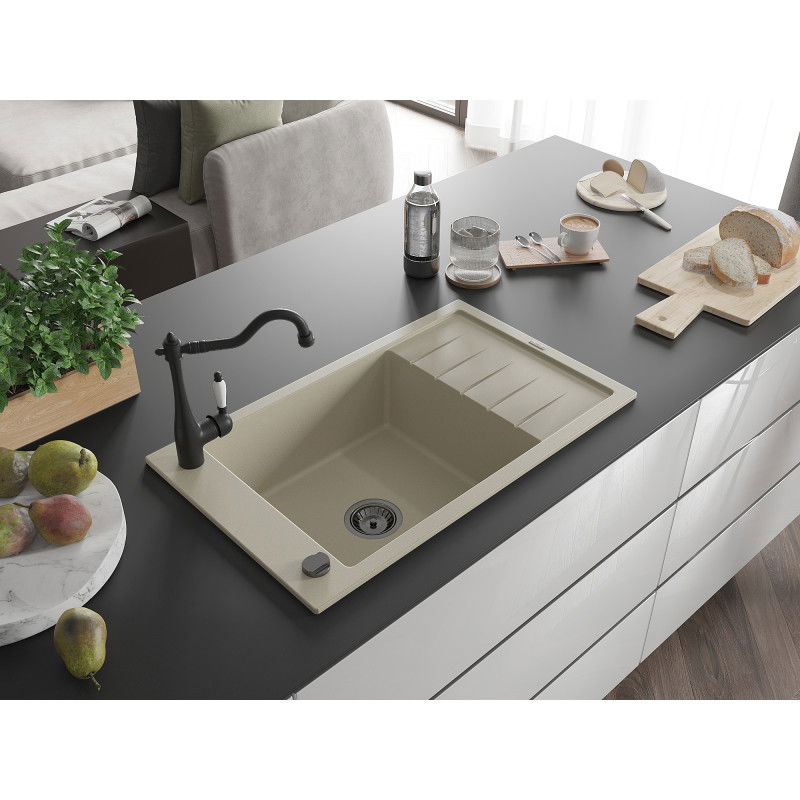 Mexen Elias granitový dřez 1-komorový s odkapávačem a kuchyňskou baterií Carla, béžový - 6511-69-670700-70