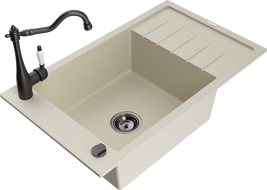 Mexen Elias granitový dřez 1-komorový s odkapávačem a kuchyňskou baterií Carla, béžový - 6511-69-670700-70