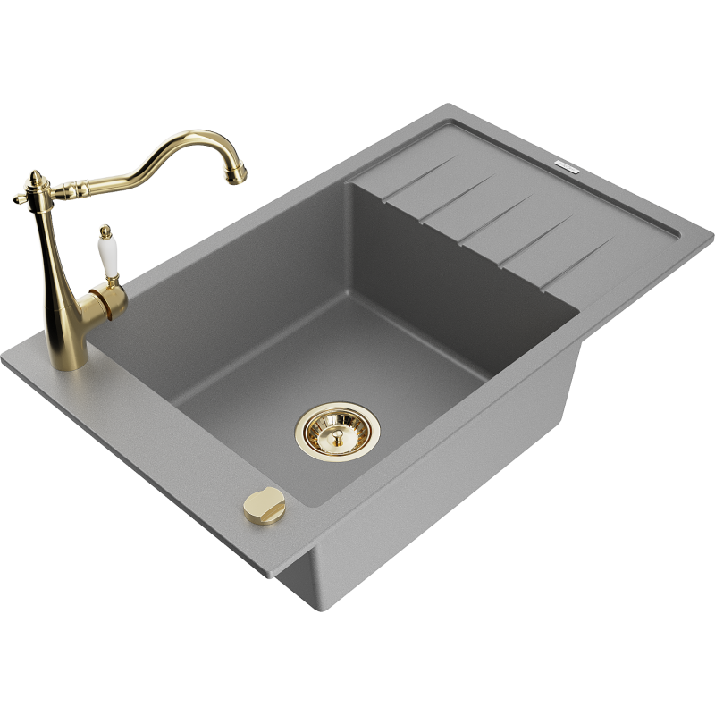 Mexen Elias granitový dřez 1-komorový s odkapávačem a kuchyňskou baterií Carla, šedý - 6511-71-670700-50