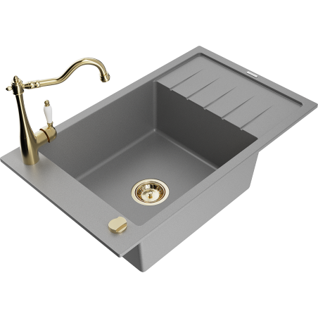 Mexen Elias granitový dřez 1-komorový s odkapávačem a kuchyňskou baterií Carla, šedý - 6511-71-670700-50